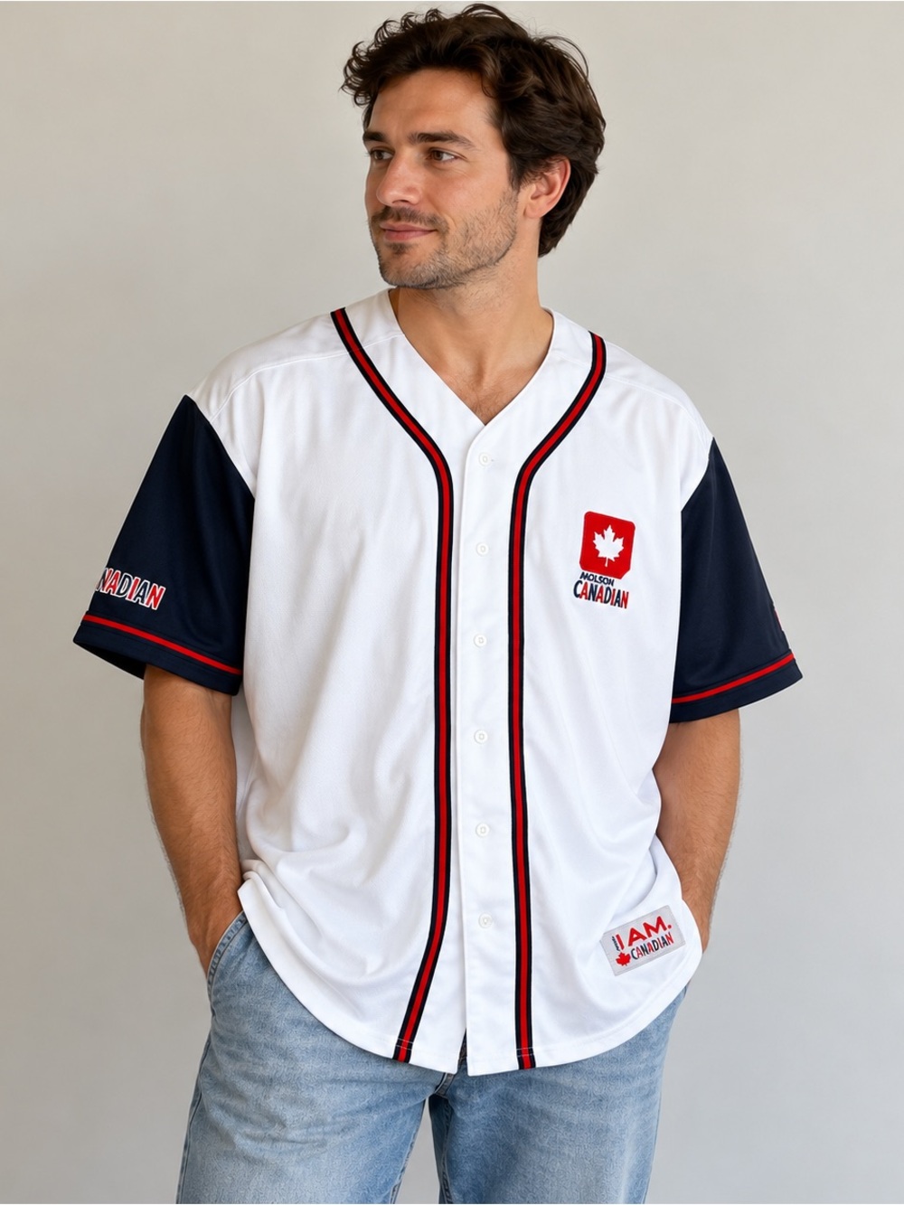 Molson Canadian Mens Large Baseball Jersey White Navy Red I Am Canadian NWOT